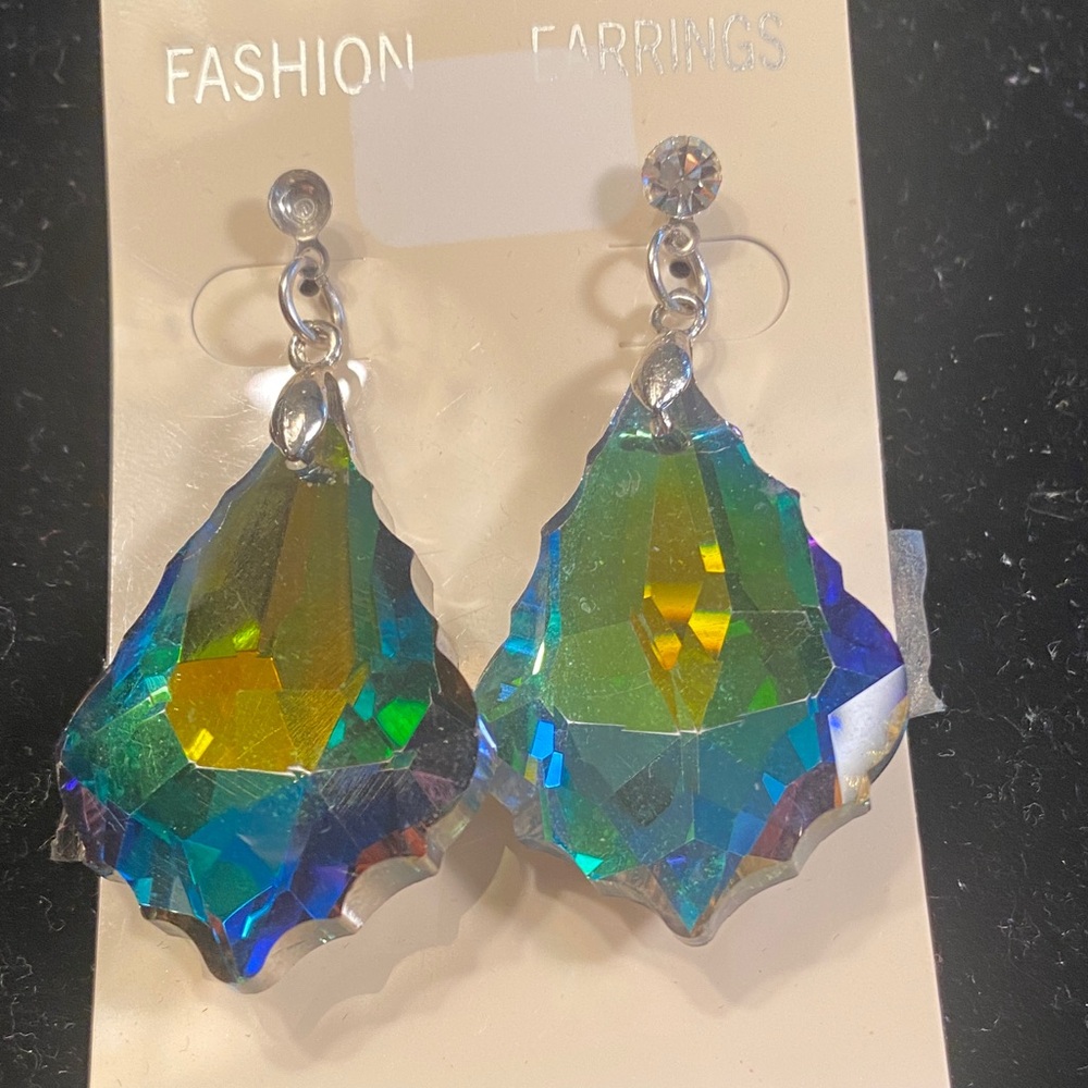Iridescent Teardrop Crystal Dangle Earrings - Blue Green